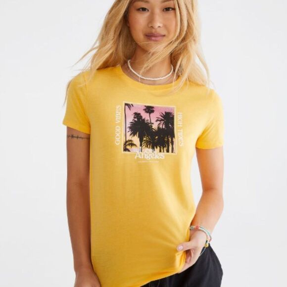 Aeropostale Good Vibes High Tides Graphic Tee | Women’s Small | Yellow - Picture 1 of 5